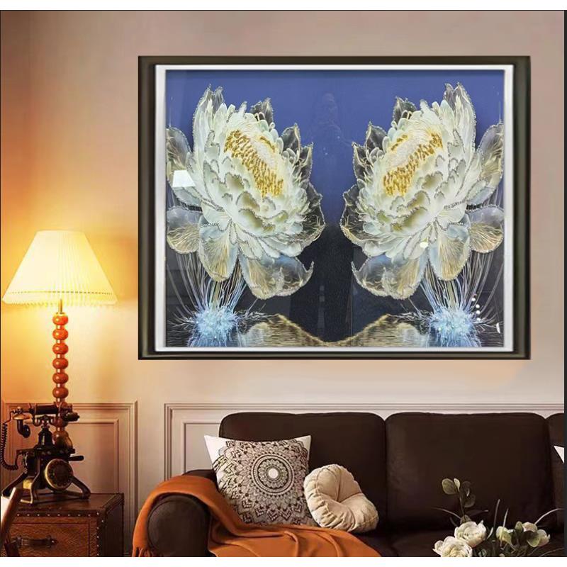 [喜宅家艺]Q258蓝色光影睡莲现代餐厅装饰轻奢高级背景墙软装挂画