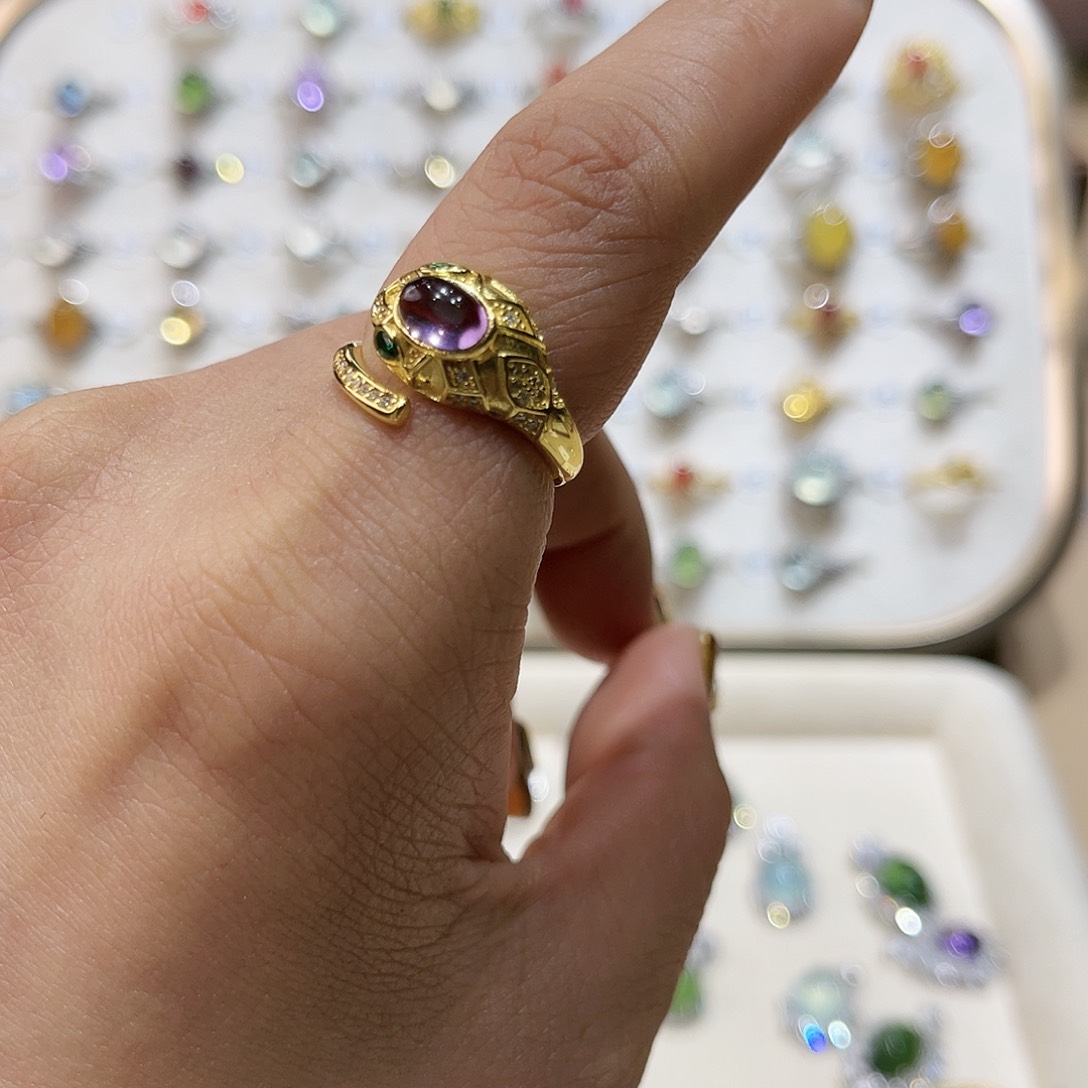 蛇纹石玉戒指银S925镶嵌戒指