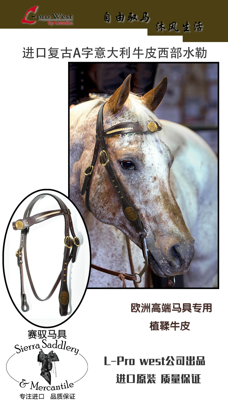 进口西部高端马术装备-复古A字意大利牛皮西部水勒野骑单水勒