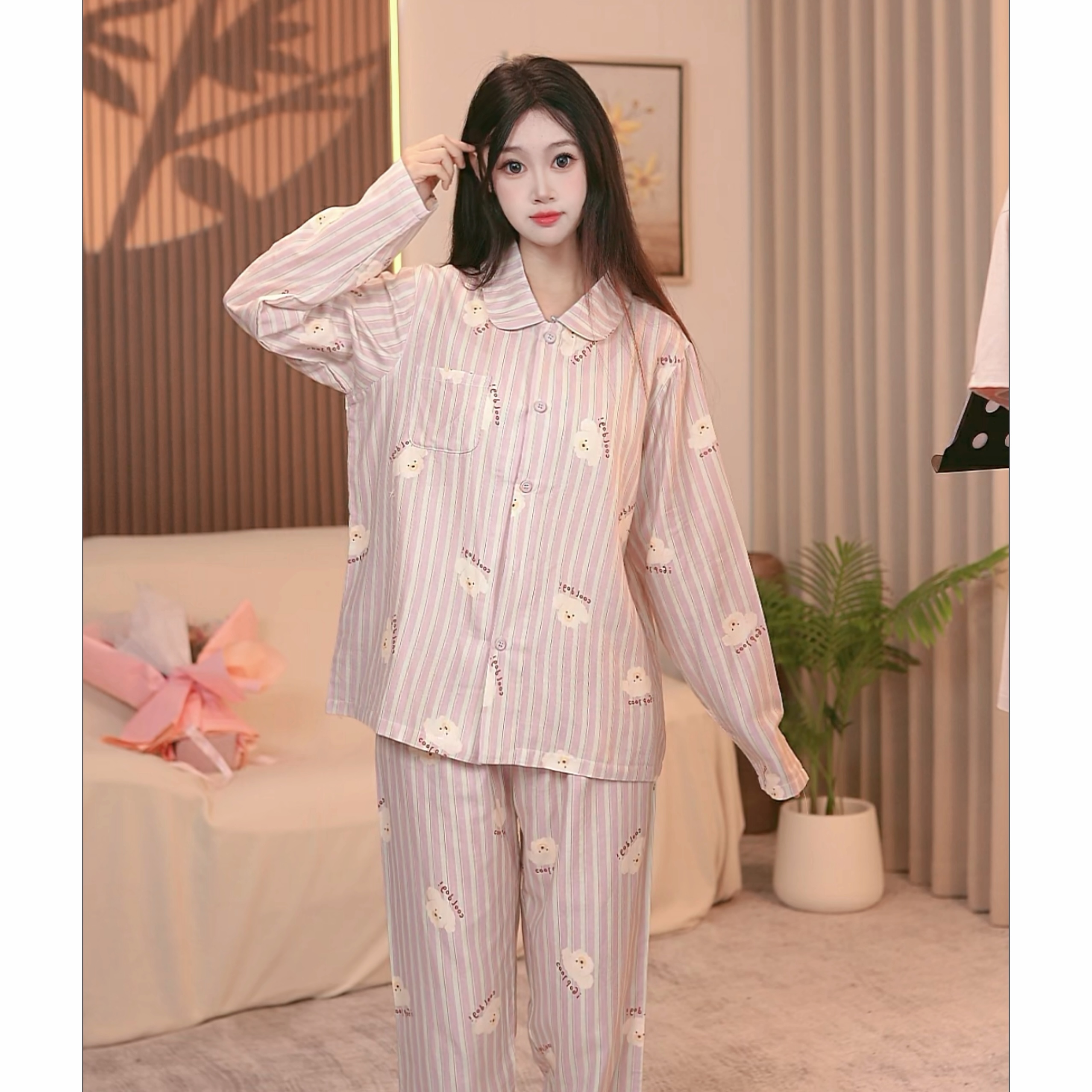 【绿紫小狗】春秋季纯棉舒适秋冬女士甜美睡衣家居服套装AFF