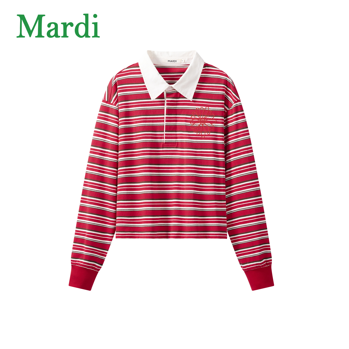 Mardi红咖条纹雏菊刺绣Polo领针织衫撞色休闲针织衫MPL2612204