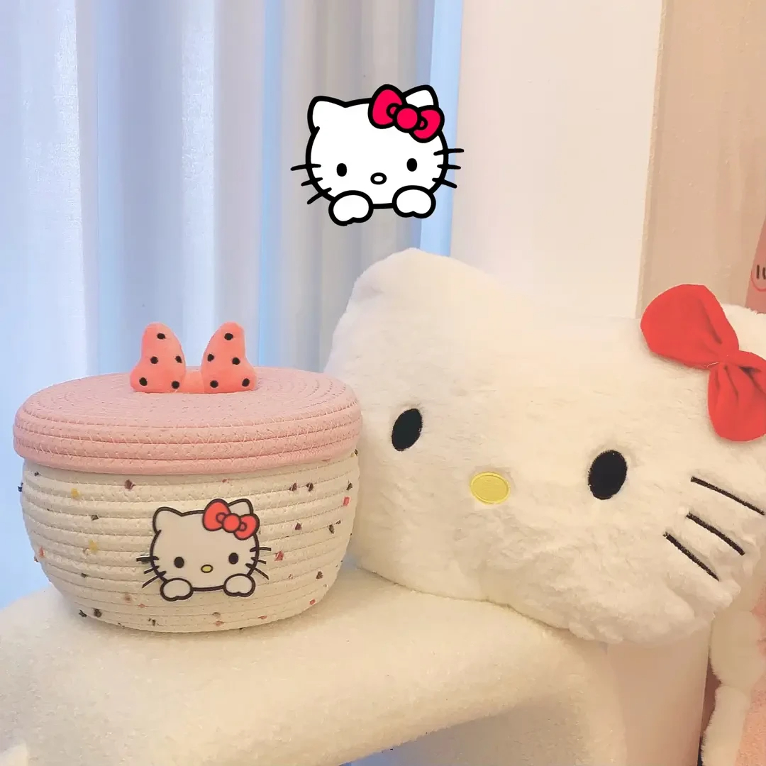 设计款粉色蝴蝶结猫收纳筐可爱家用创意卡通储物桶客厅居家小盒子