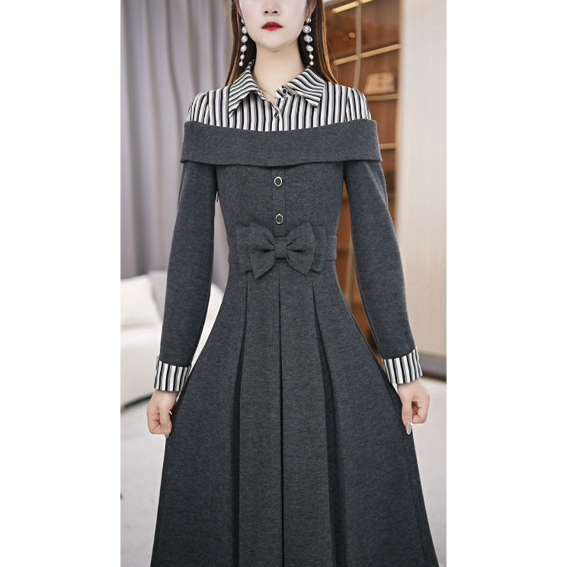 【连衣裙】春季设计感衬衫领条纹拼接收腰通勤中长款连衣裙M-4XL