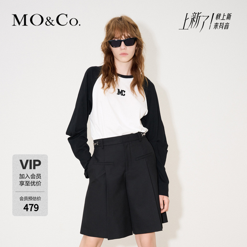 MOCO春夏MC刺绣立褶插肩袖长袖棉质宽松T恤MBC4TEET01