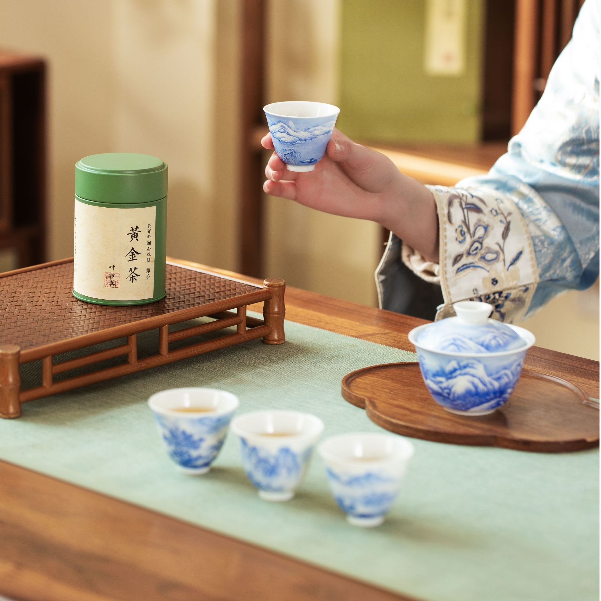 一儒堂釉上苏麻离青四季雪景山水套组【景德镇全手工】