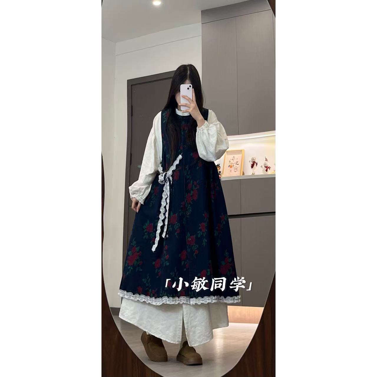 港系复古风超重工刺绣牛仔花超显瘦背心裙搭配4511 2510