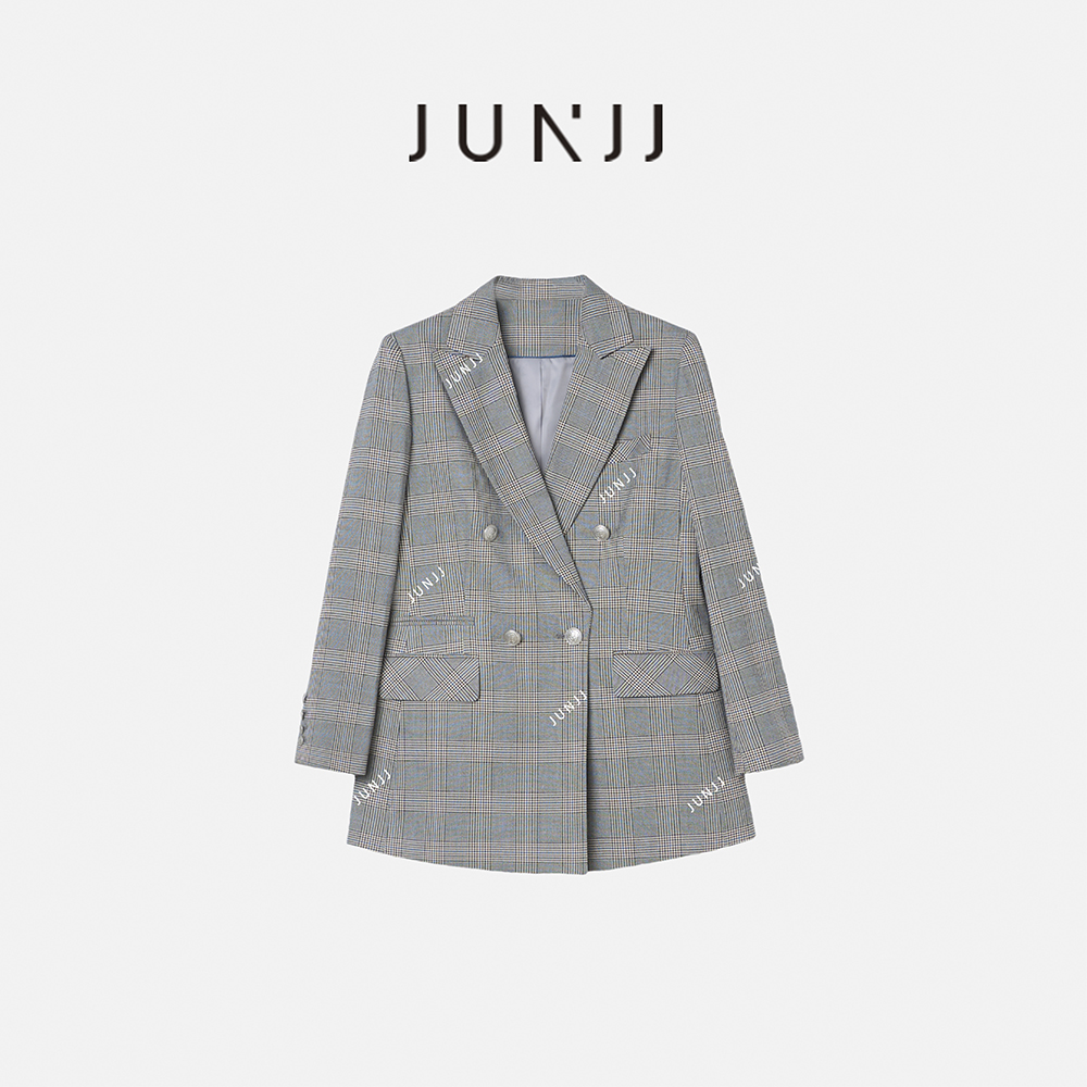 JUNJJ【米兰达】复古双排扣中长款女韩系气质格纹英伦风格西装外套
