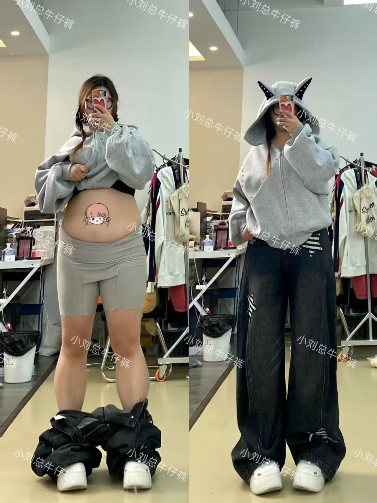 2025新款大码兔子耳朵星星贴布牛仔裤阔腿宽松裤子黑色551