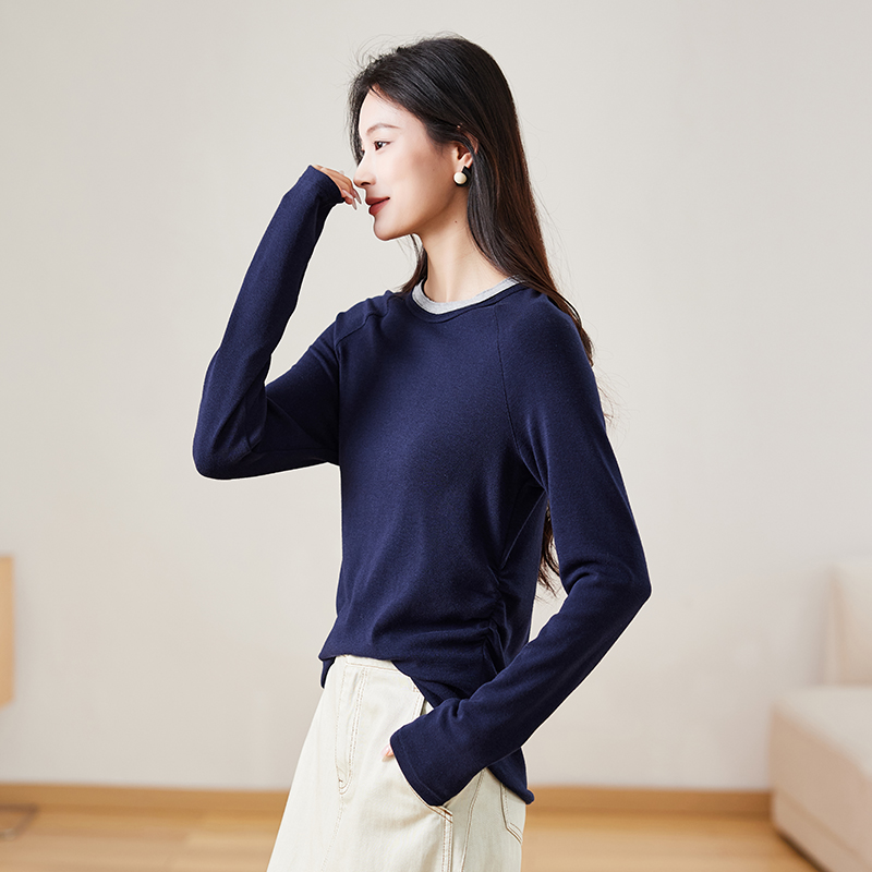 索菲丝尔圆领撞色长袖打底衫女2025秋季百搭显瘦内搭上衣517017