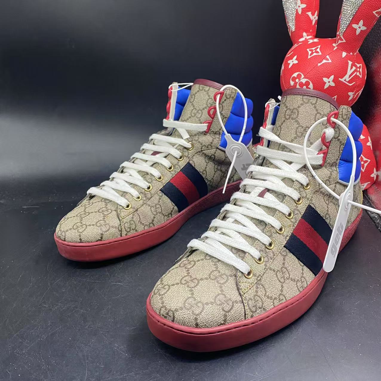 95新 GUCCI/古驰 【聚星优选】红底老花高帮板鞋44欧码kke067