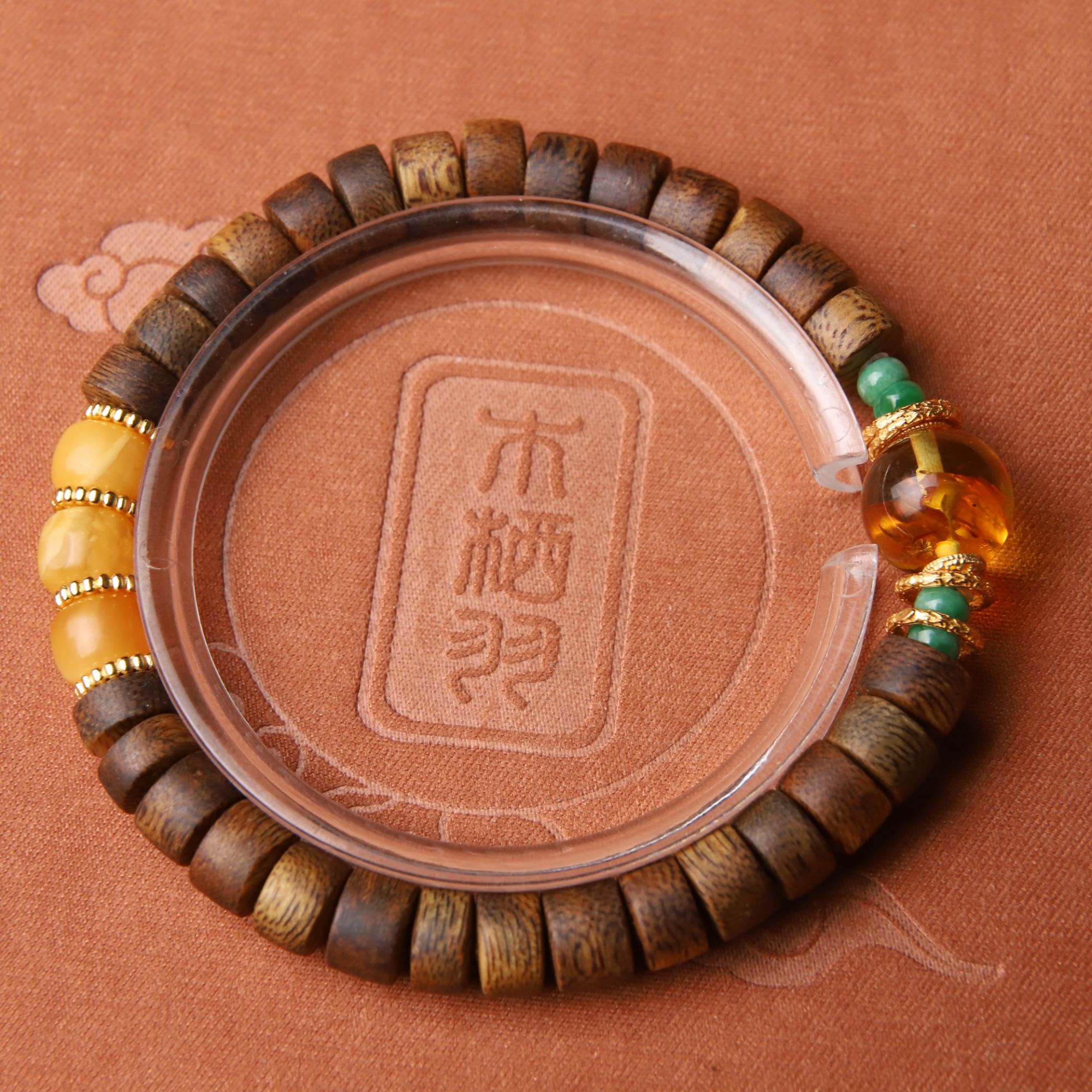 沉香【流光】沉香蜜蜡琥珀时尚国风单圈手串