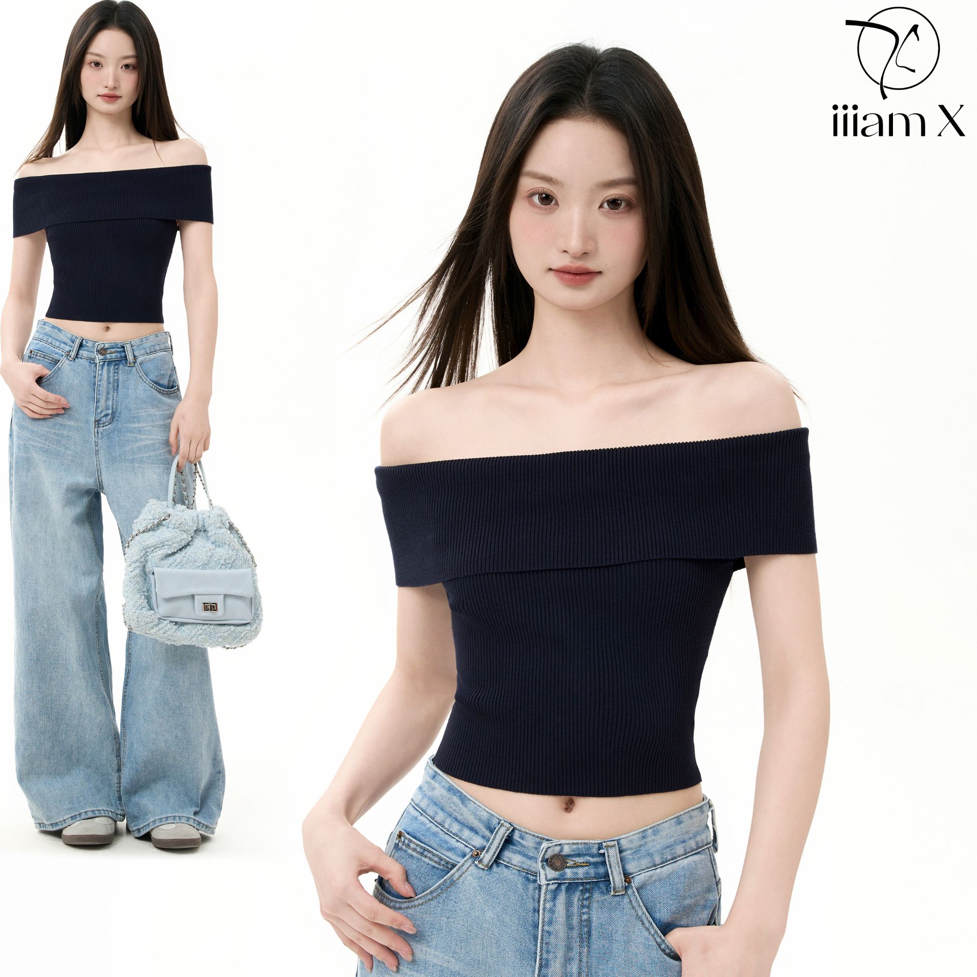 iiiamx藏青色短款一字肩针织短袖t恤女夏季辣妹露肩上衣2025新款