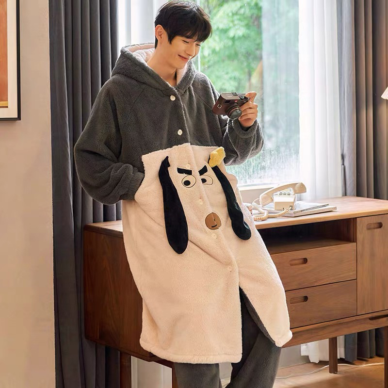 男士秋冬季加厚加绒珊瑚绒法兰绒可外穿家居睡袍套装（微瑕！！！）