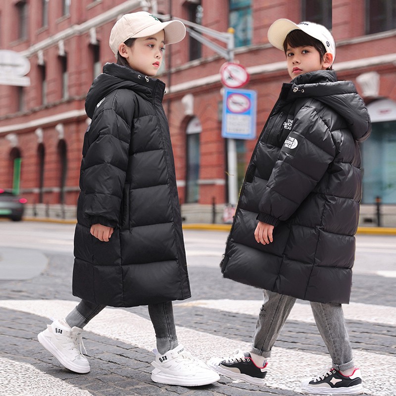 巴拉开门红2026新款羽绒服女童中长款加厚保暖白鸭绒外套中大童男
