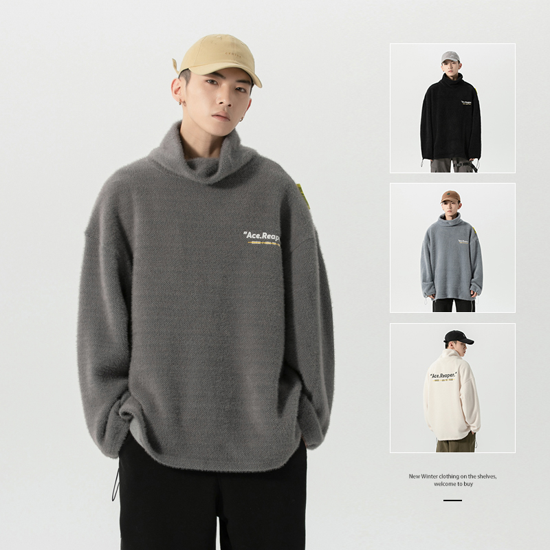 HM0020港风潮牌秋冬保暖高翻领刺绣字母情侣百搭套头毛衣