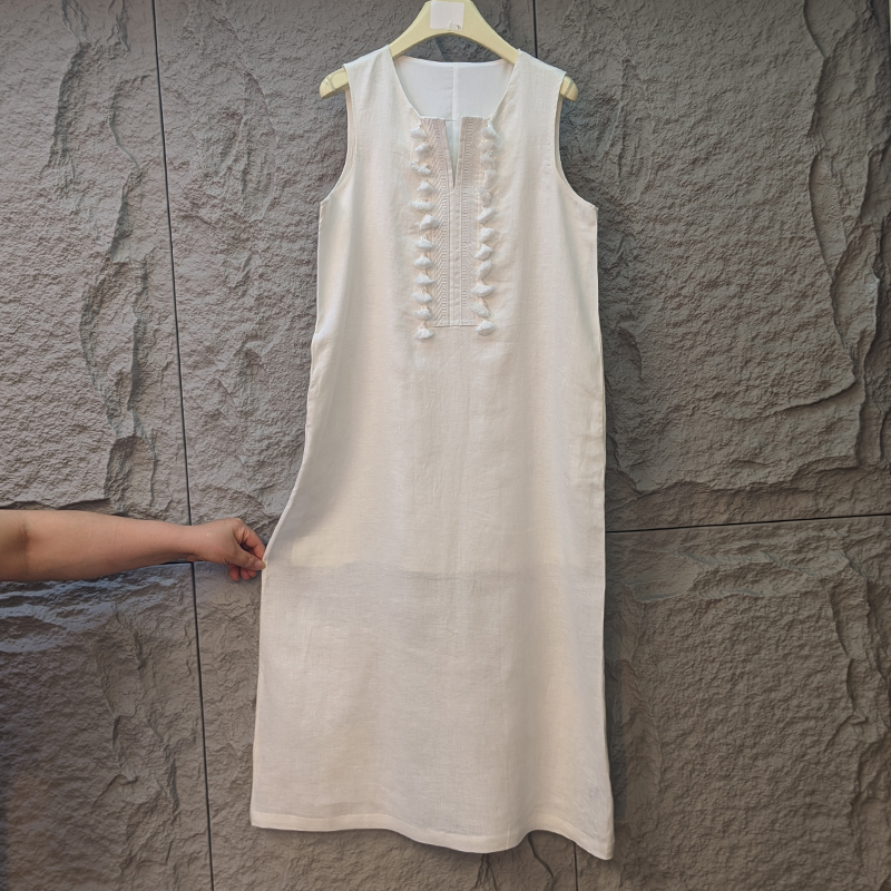 气质极简风A字裙仙女风亚麻夏季连衣裙舒适吊带背心裙女士纯色