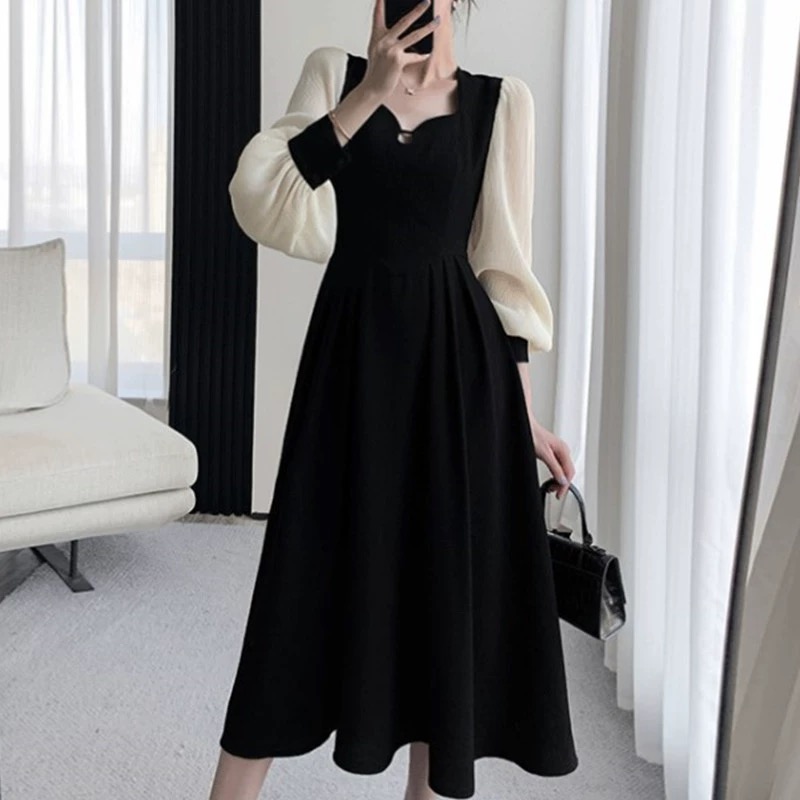E7414 法式方领赫本风收腰显瘦气质黑色连衣裙