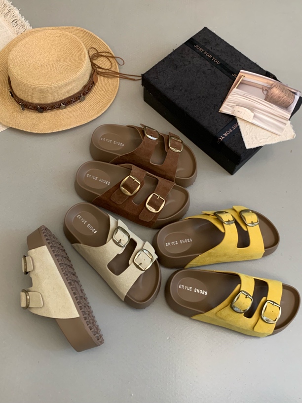 阳雪家 L3655-1 真皮厚底增高勃肯外穿2025新款皮带扣休闲一字拖