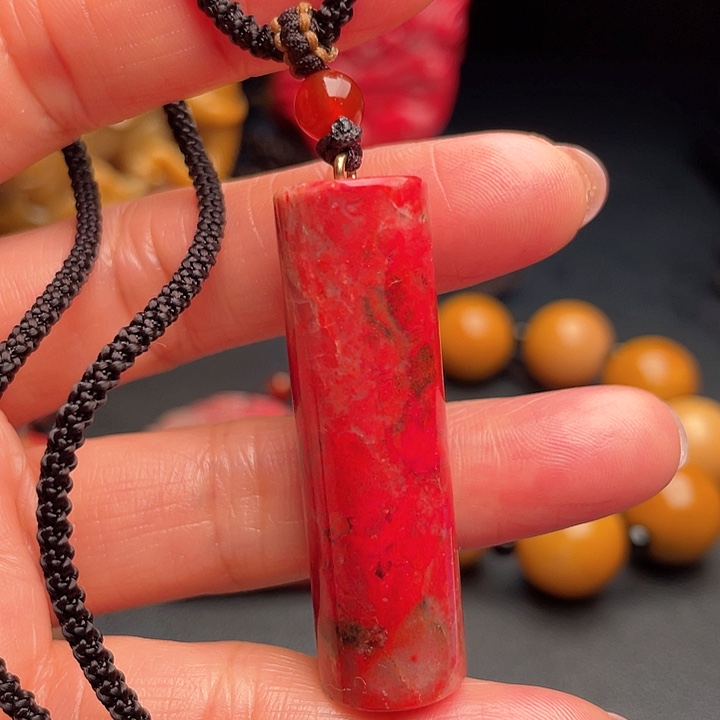 鸡血石淡*鸡血石石手把件牌子印章