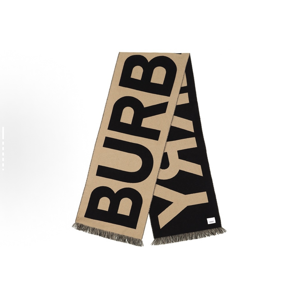 未使用 BURBERRY/博柏利 字母大logo羊毛提花围巾 卡其色/黑色