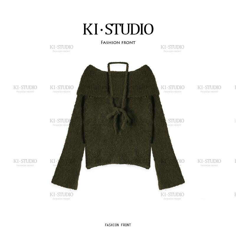 慵懒氛围感一字领露肩针织毛衣女显瘦软糯上衣毛衫KI-12T00135