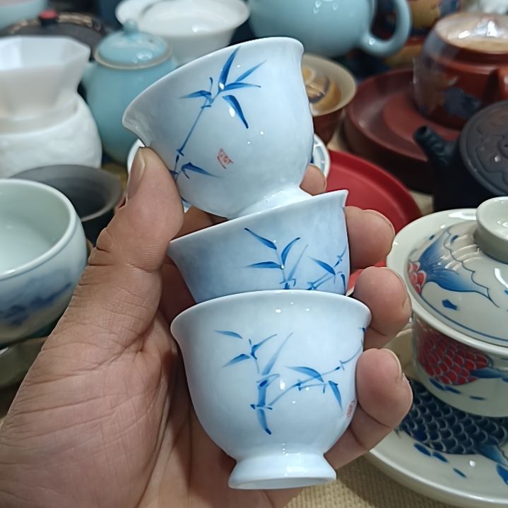 茶具直播，满15包邮，三个手绘杯子