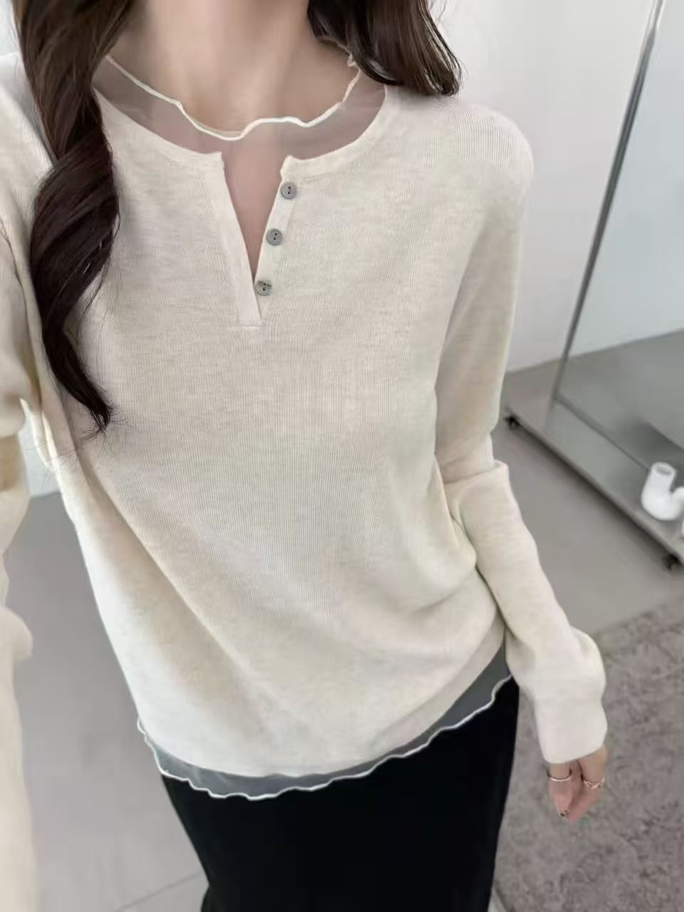 【锦衣服饰】XSY 295韩系小V领拼接蕾丝安迪绒长袖针织衫