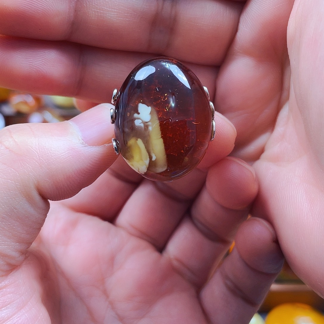 琥珀戒指银S925镶嵌戒指