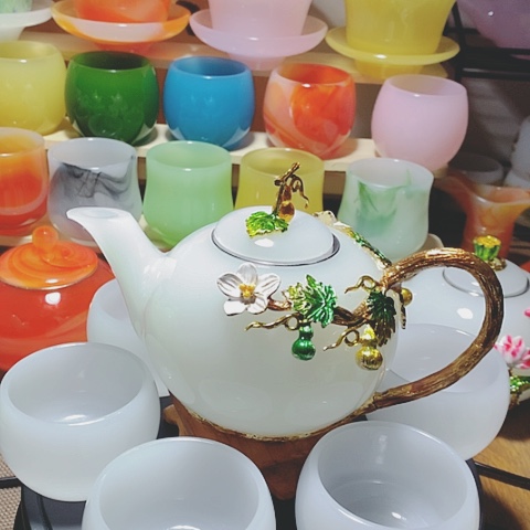 羊脂玉瓷琉璃珐琅彩福禄双全一壶六杯礼盒套装