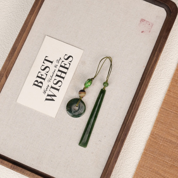 LZ3565墨绿色玛瑙平安扣墨绿色和田玉长条形车挂书签