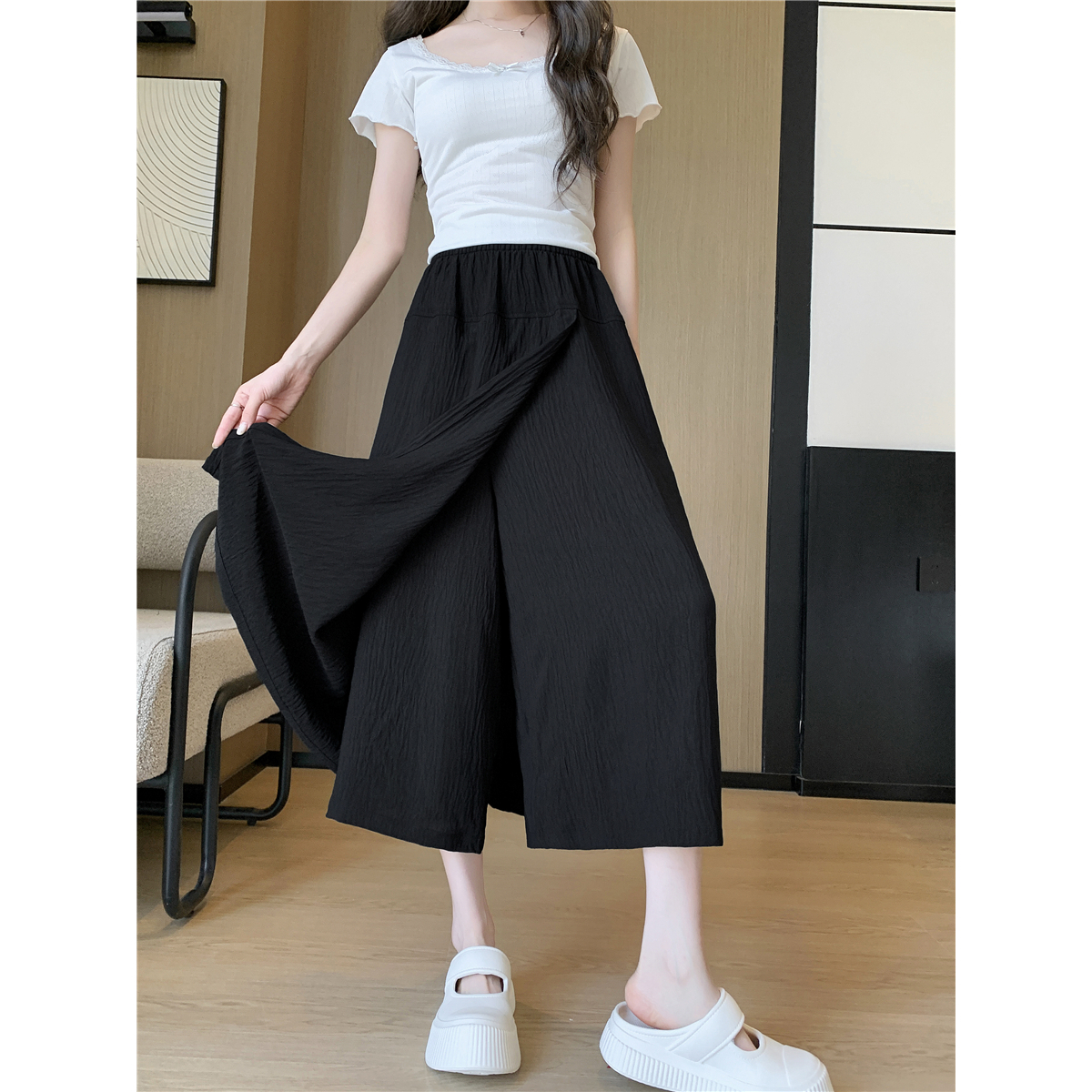 裙裤女2025夏季薄款高腰开叉小个子冰丝奶芙山本