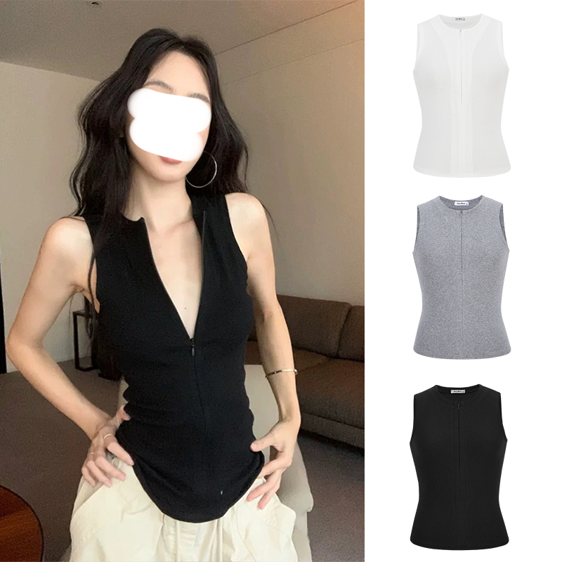Moses Queen/魔西女王时髦凉感拉链无袖上衣女夏修身显瘦打底背心