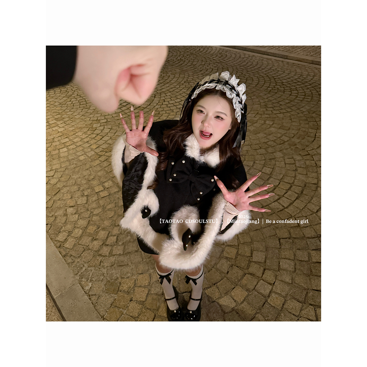 SWEET【黑猫玩偶】微胖乖乖女甜美系冬季毛茸茸千金宽松斗篷外套