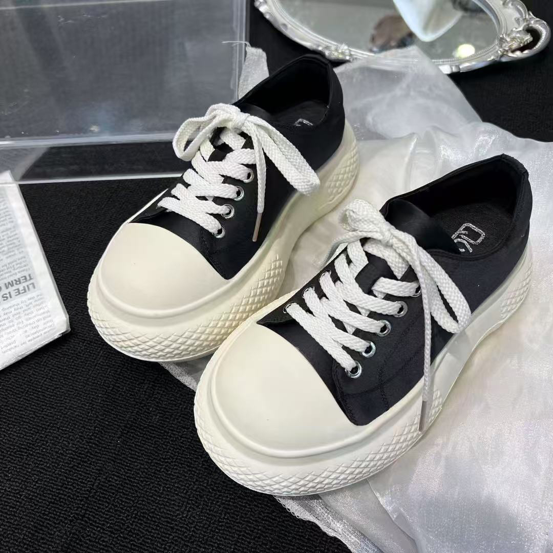 系带增高圆头厚底胶粘休闲板鞋低帮布鞋