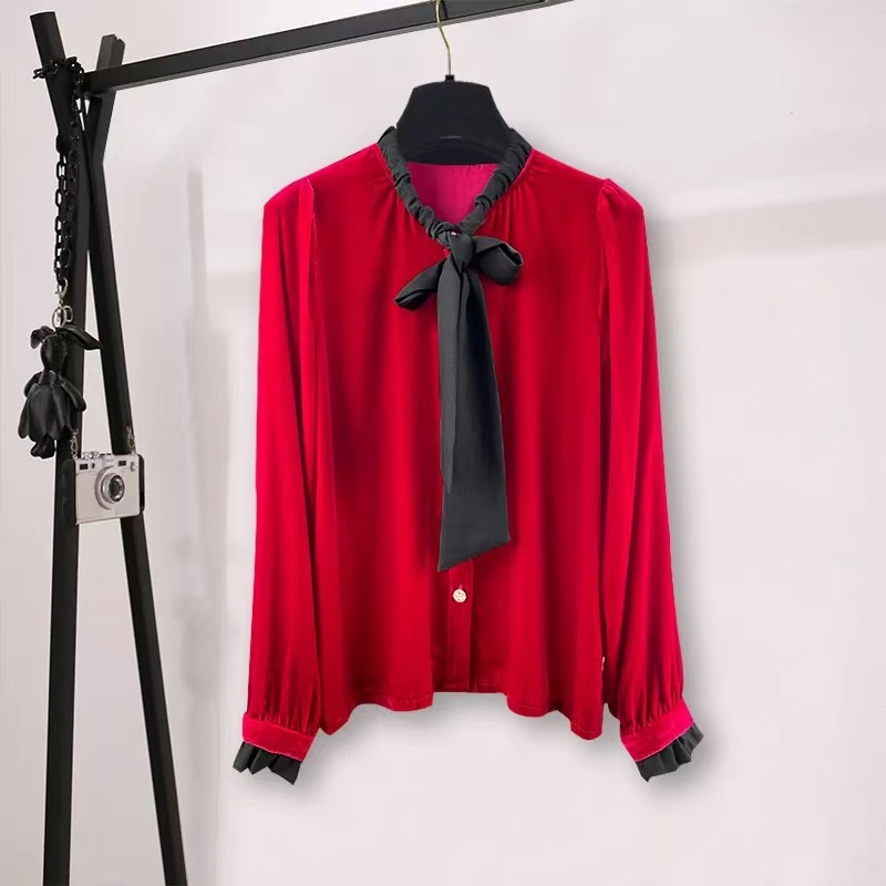 612，时尚2025早春新款御姐范气质飘带款红色长袖衬衫