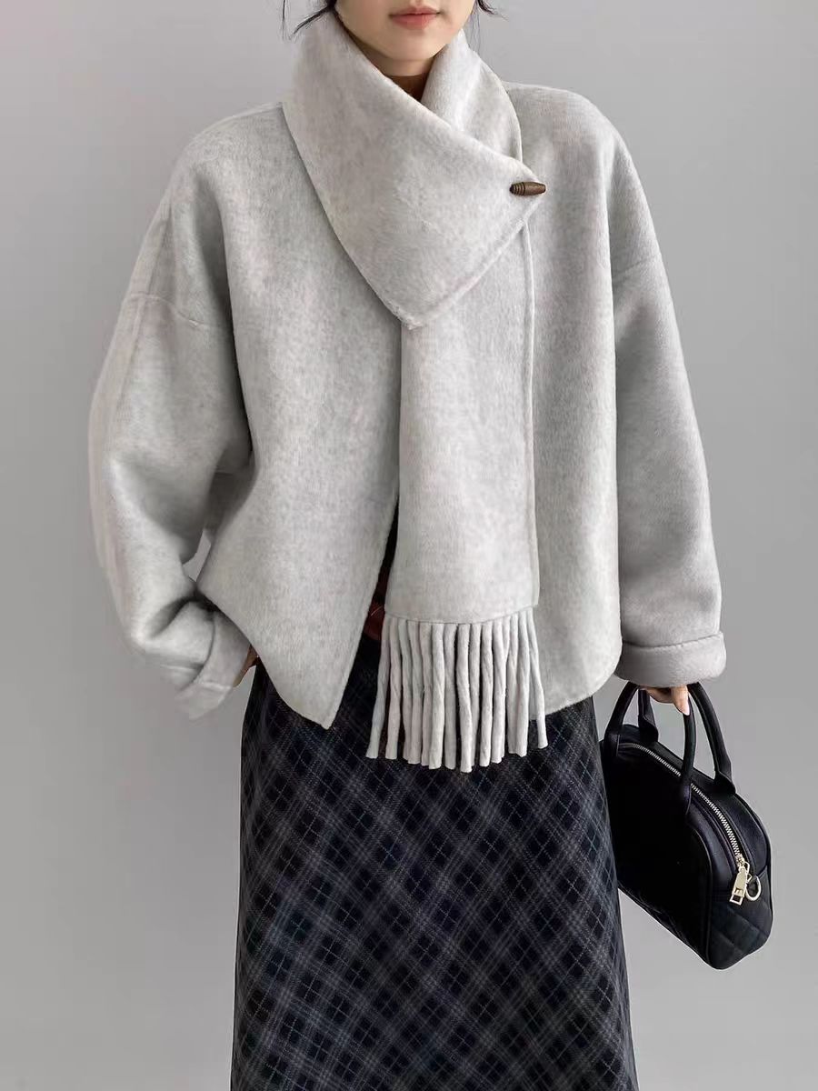 【沐禾】2025韩系牛角扣围巾双面羊毛呢外套女秋冬新款  衣长55 XF