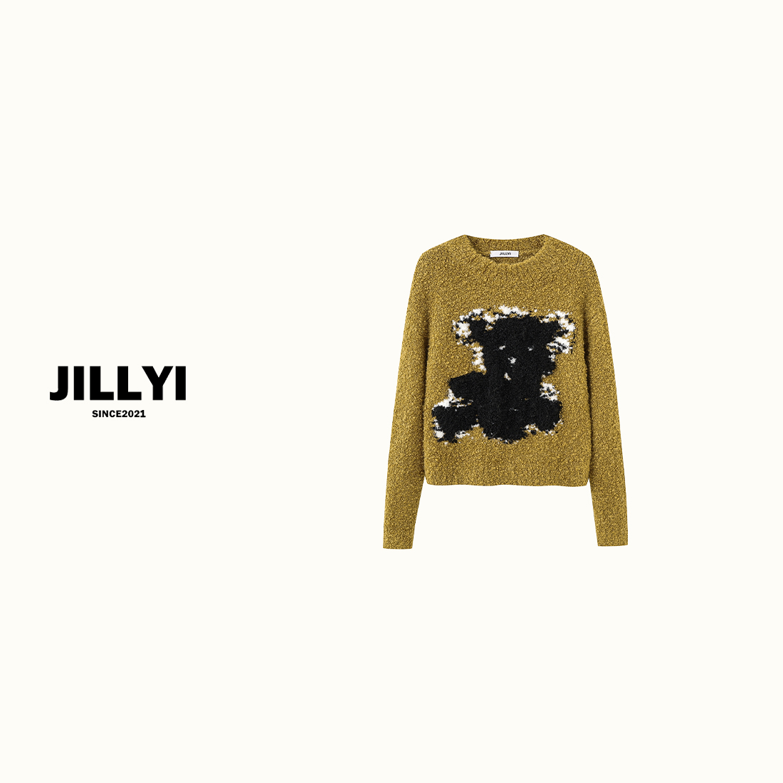 jillyi【焦糖手绘】焦糖色圆领小狗狗植绒图案时尚百搭针织衫