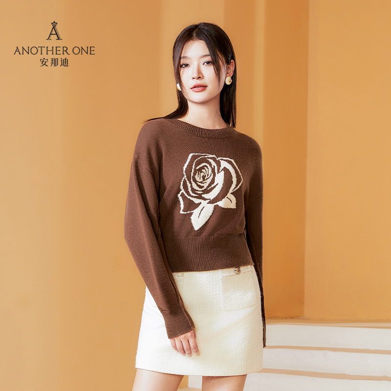 ANOTHER ONE安那迪慵懒风小众设计感中国红花朵宽松软糯针织毛衣
