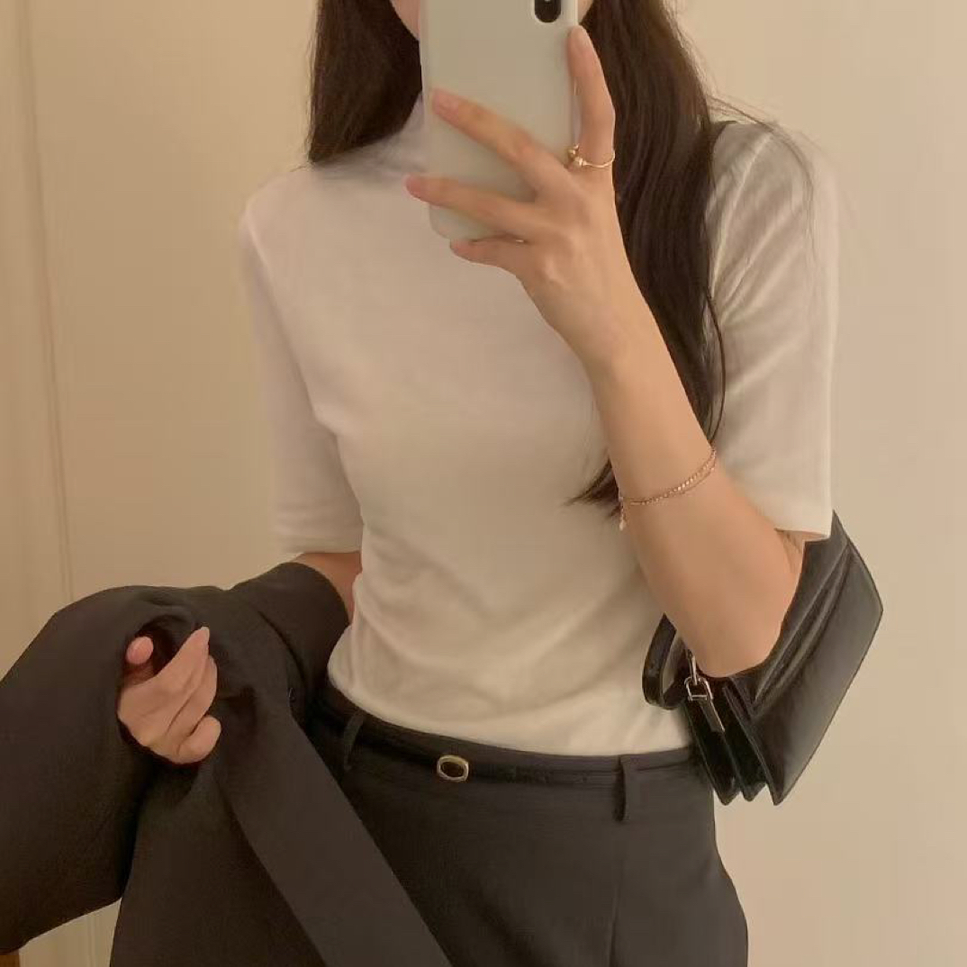 No退No换韩国东大门女装2025年新款设计感半高领中袖打底衫女605b
