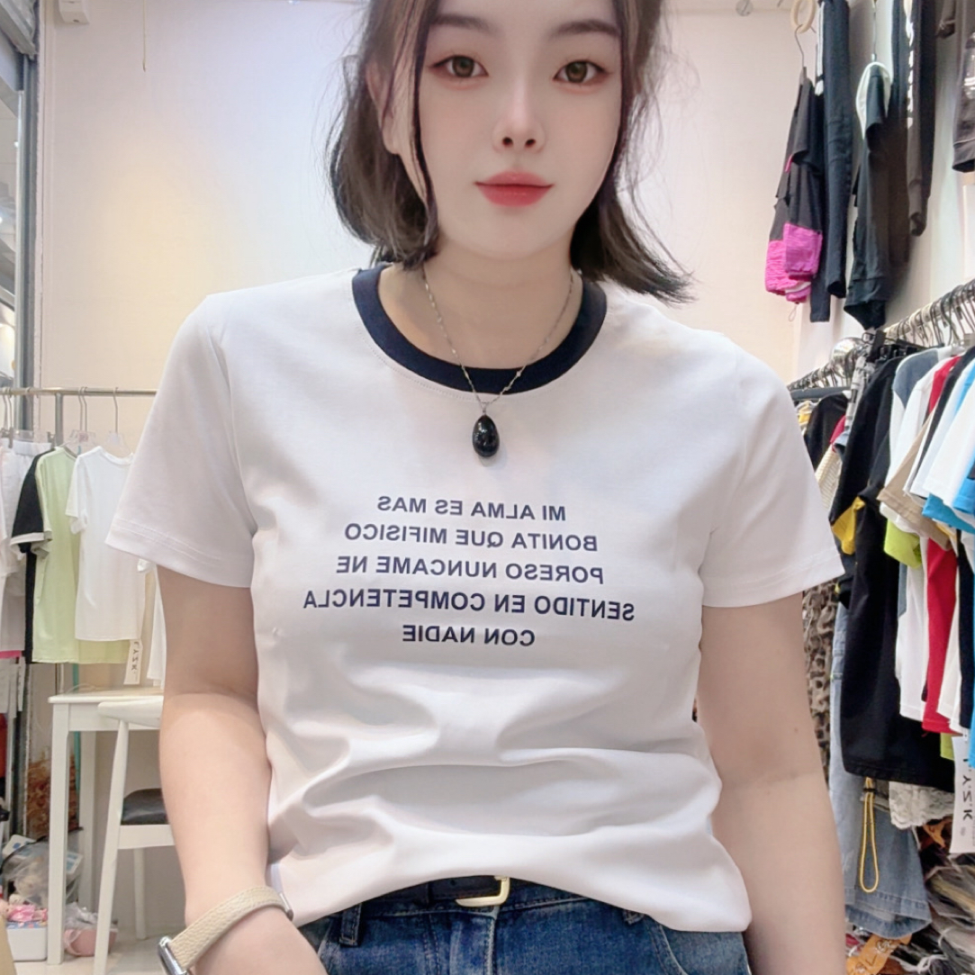 罗纹棉上衣新款圆领正肩弹力显瘦百搭减龄休闲风女t