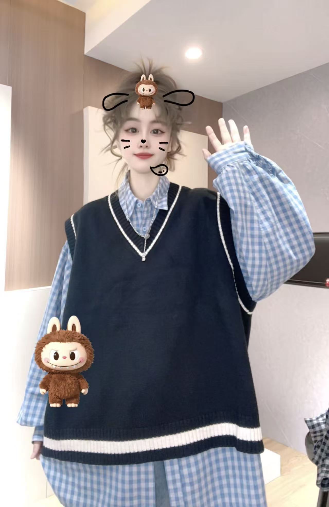 柚柚酱秋季新款百搭休闲时尚宽松无袖套头V领撞色马甲