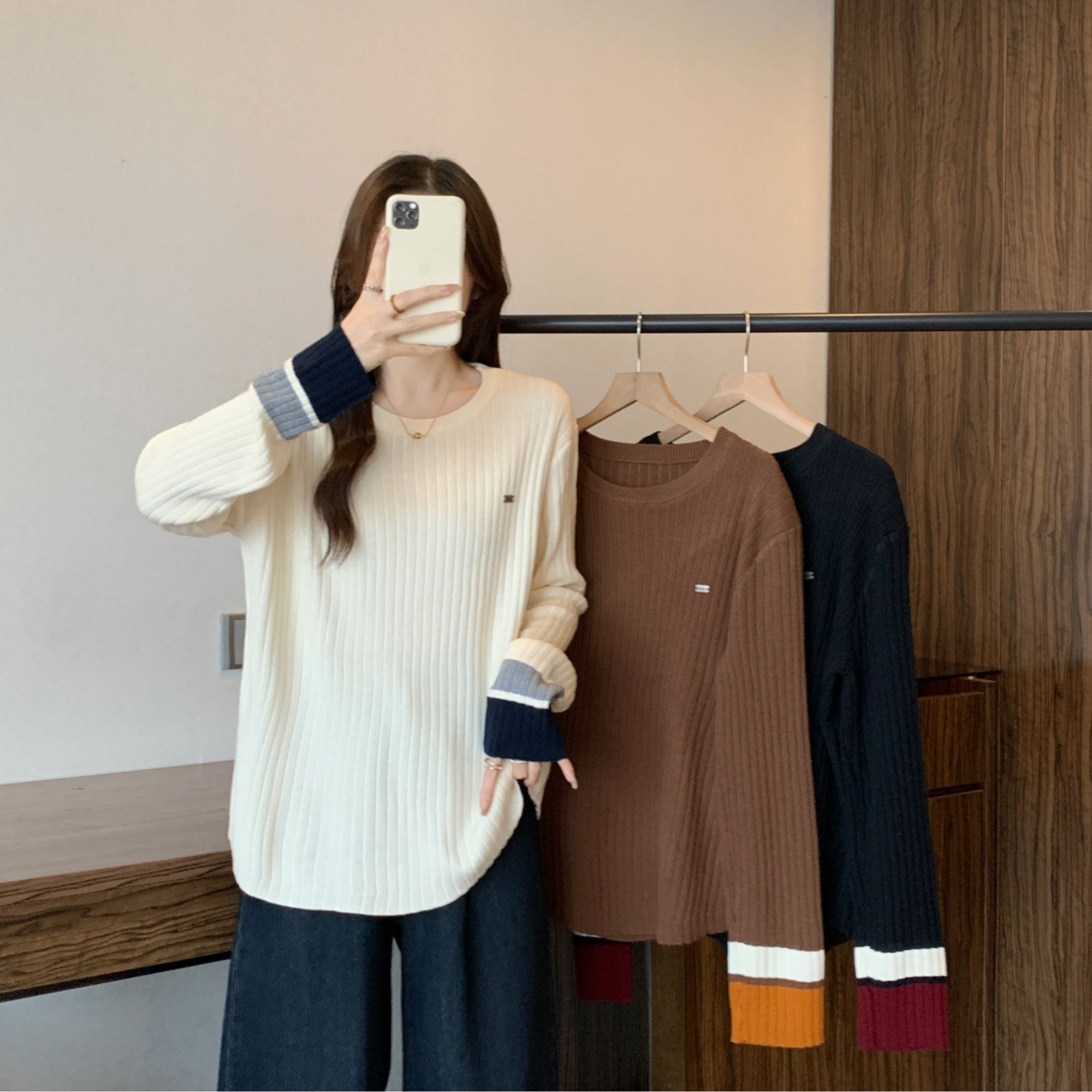 拼色针织衫毛衣长袖上衣时尚百搭潮2025年大码女装秋冬宽松打底衫