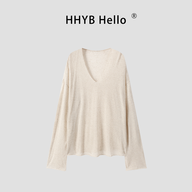 HHYB HelloV领长袖宽松针织上衣女2025夏季新款宽松显瘦上衣M1235