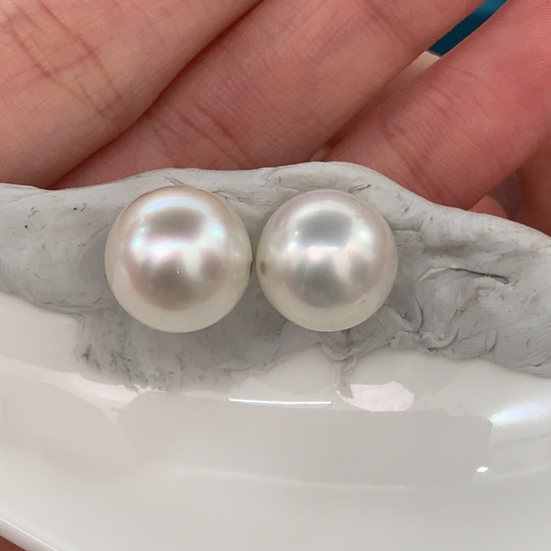 定制海水珍珠耳饰银S925镶嵌13-14mm澳白裸珠两颗