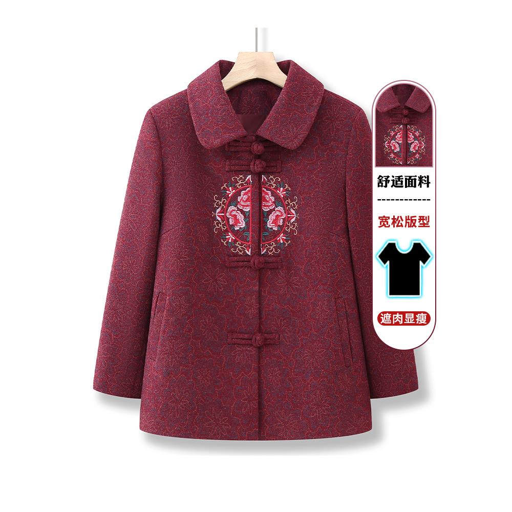 奶奶春秋装休闲外套中老年人外衣女老人春装衣服翻领妈妈绣花上衣