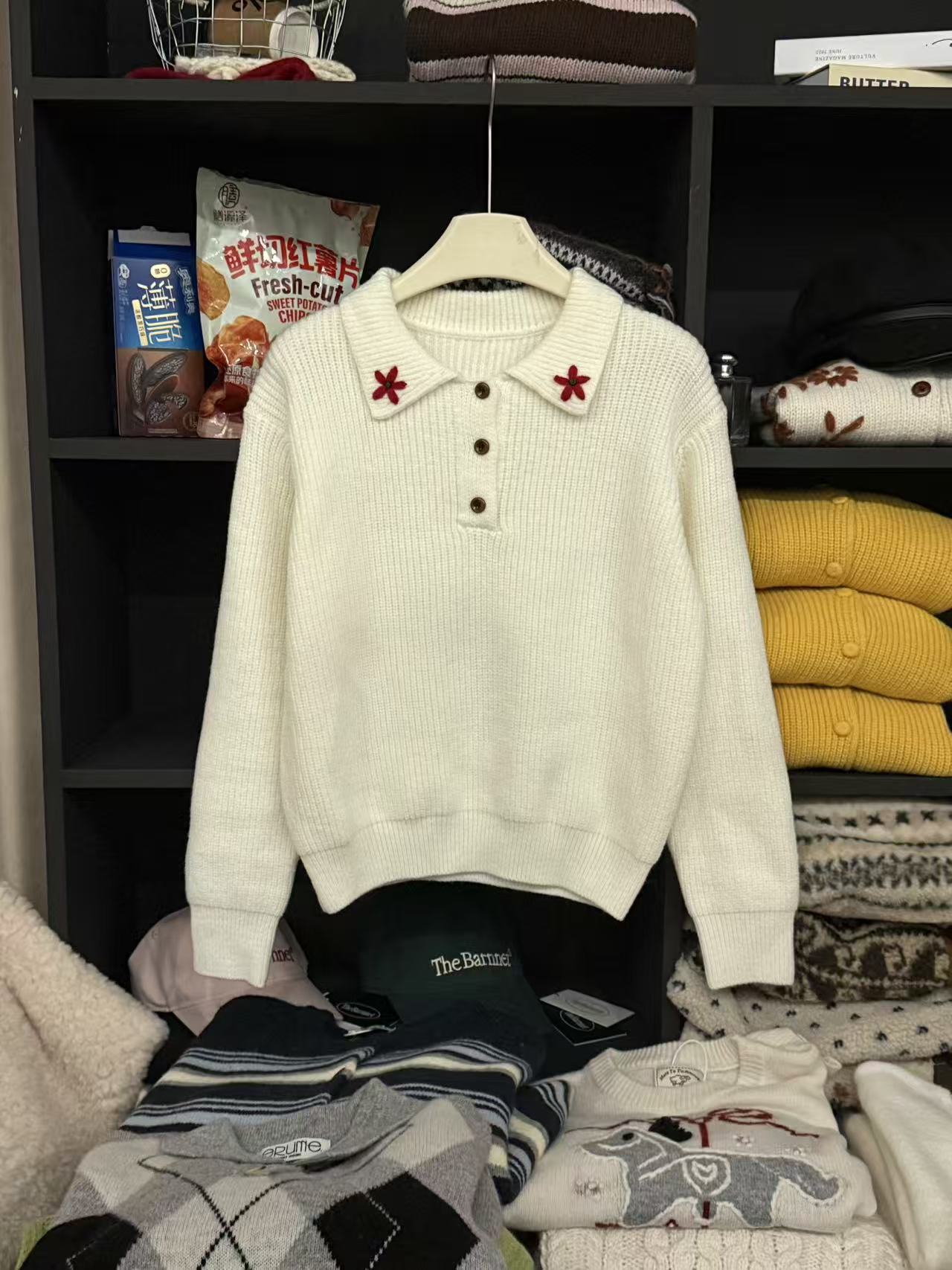 K2084【白色恋人】韩系百搭小花花针织翻领套头女