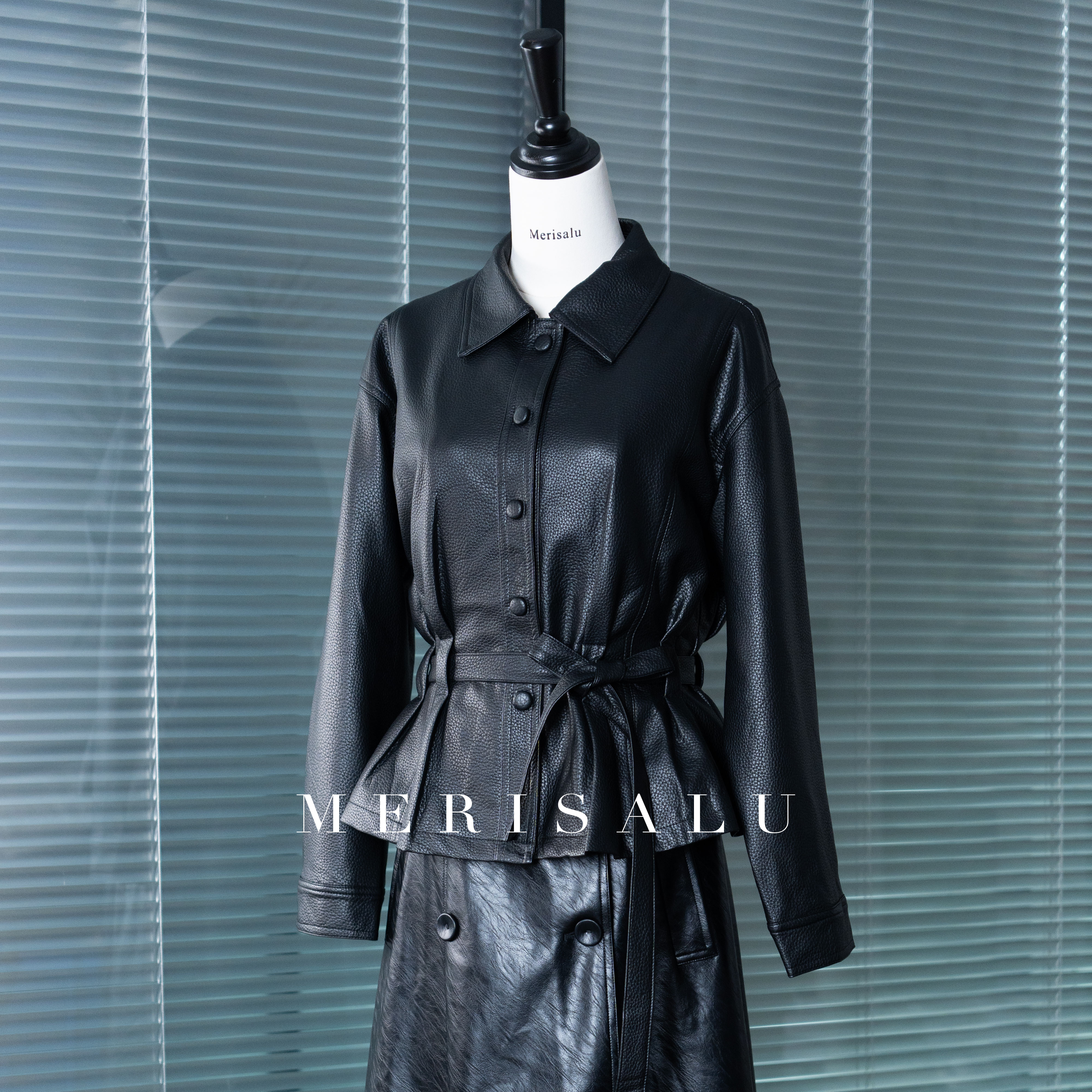 MERISALU【CHEN STUDIO】纽扣复古港风千金风泡发皮衣修身气质夹克
