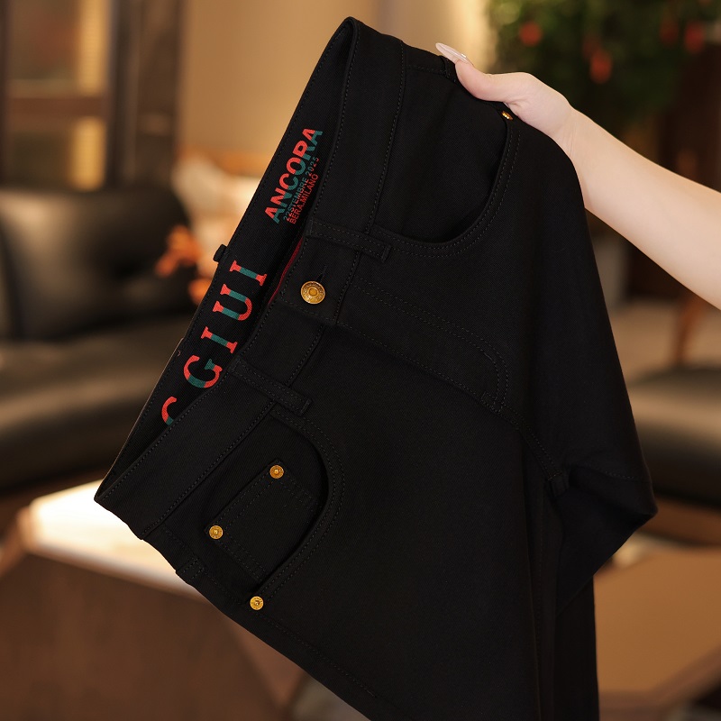 CGIUI轻奢加绒加厚款秋冬中弹小直筒裤牛仔裤直筒黑色冬季中年