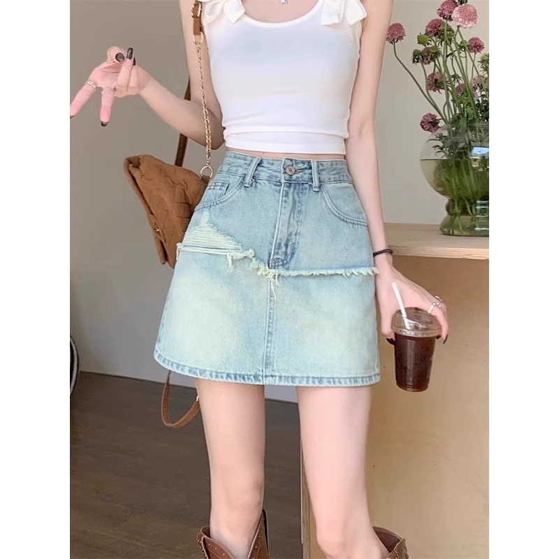 2025年大码设计感高腰纯色新款牛仔半身裙女夏季显瘦包臀A字短裙