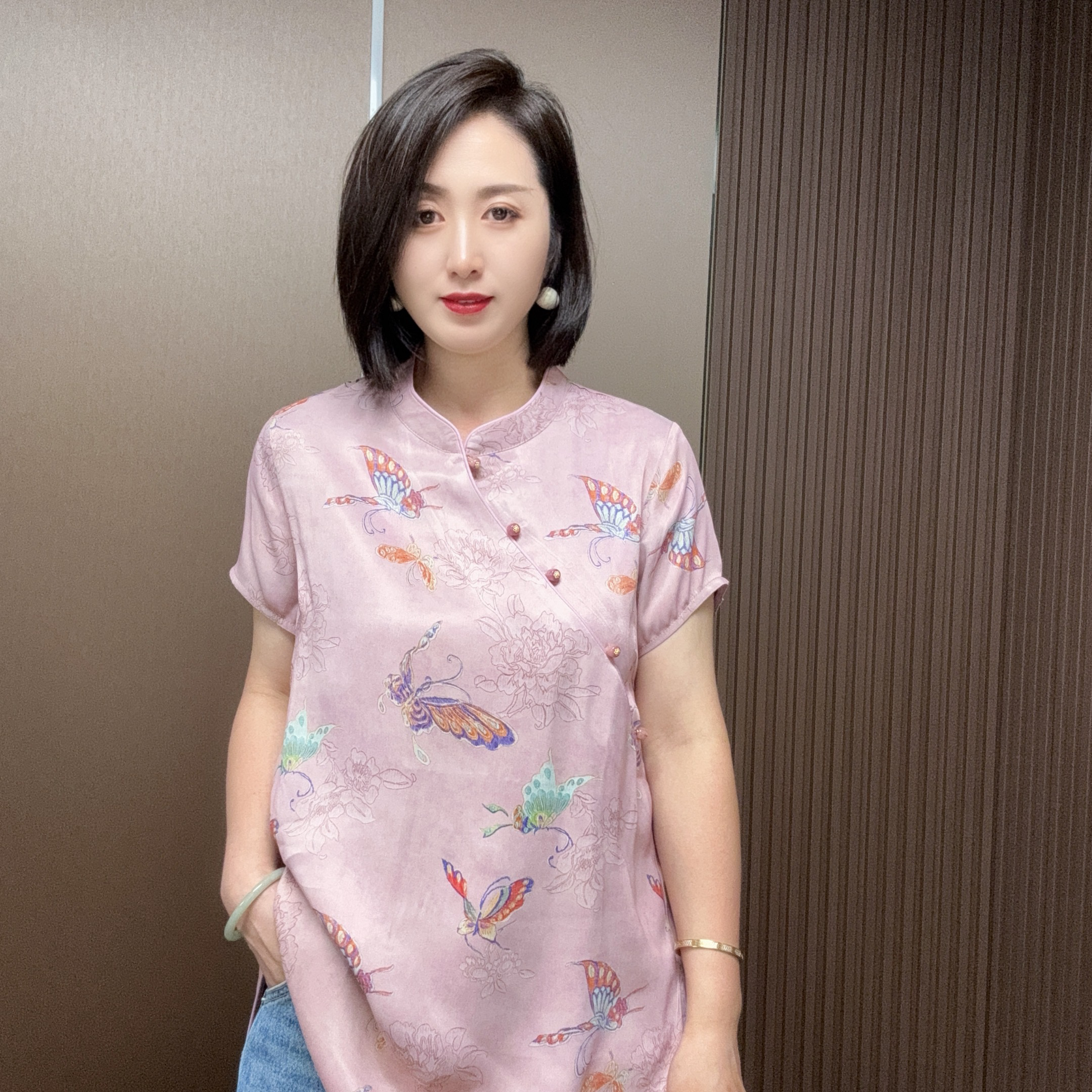 新中式国风提花蝴蝶夏季立领斜襟减龄百搭上衣9373